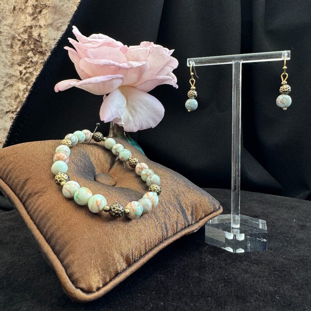 Handcrafted Light Aqua + Red-Brown Gemstone + Brass Bracelet and Earrings Set
